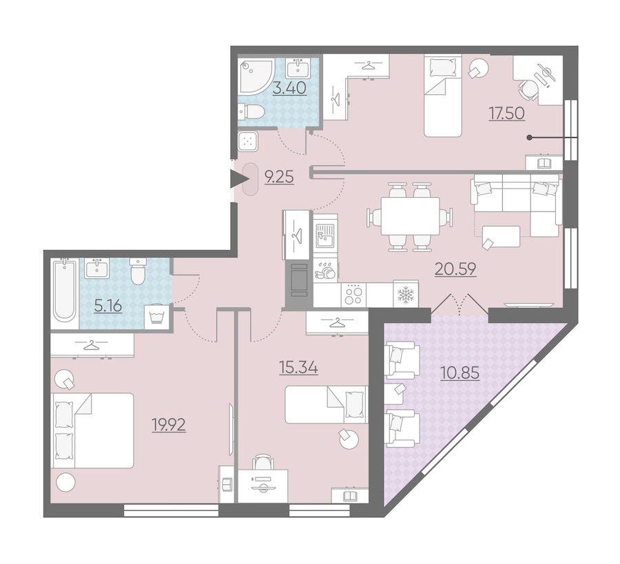 Трехкомнатная квартира в : площадь 96.59 м2 , этаж: 7 – купить в Санкт-Петербурге